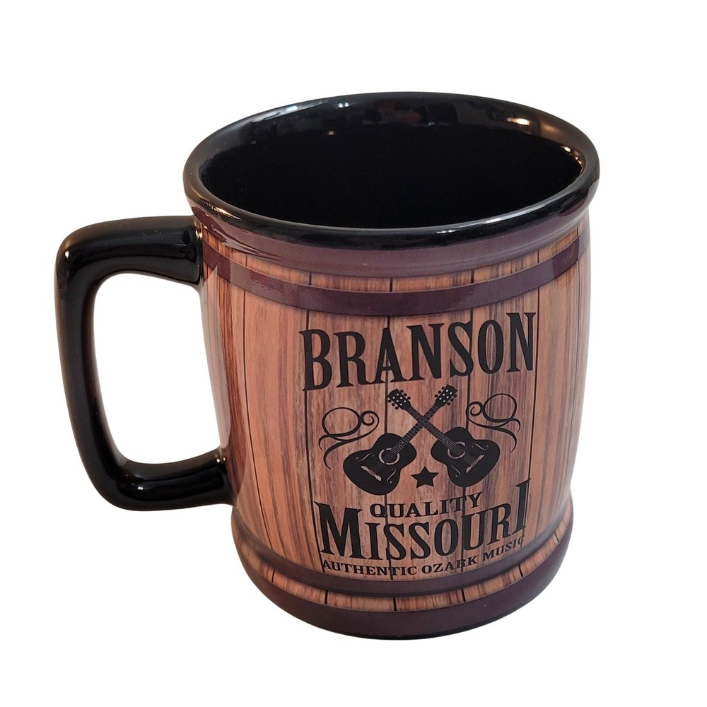 Branson Missouri Souvenir Mug Ozark Music Barrel Style Brown Black Ceramic